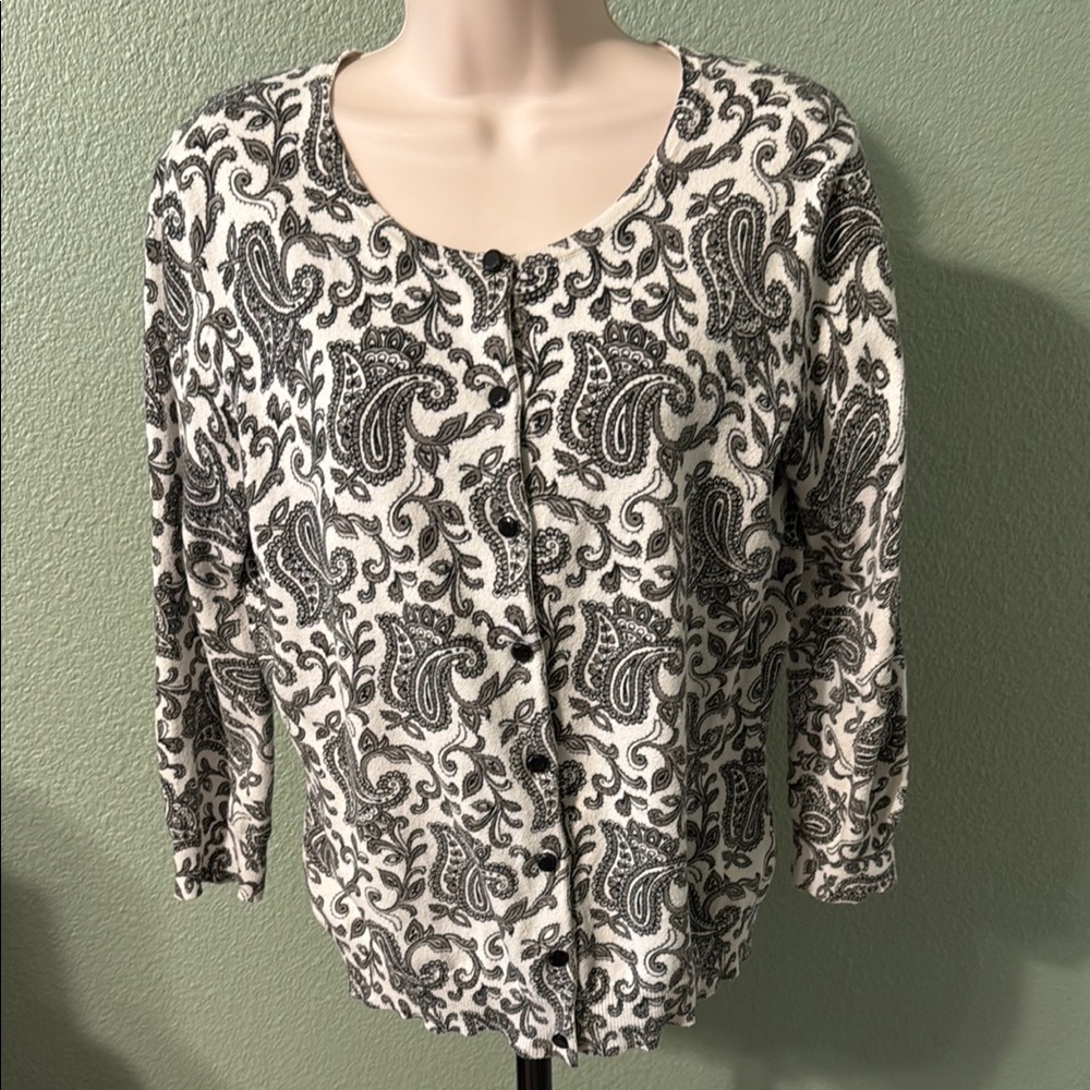 Jones New York Black and White Paisley Cardigan